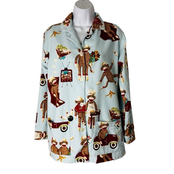 Nick & Nora Sock Monkey Blue Flannel Pajama Top Womens Small - Picture 1 of 8